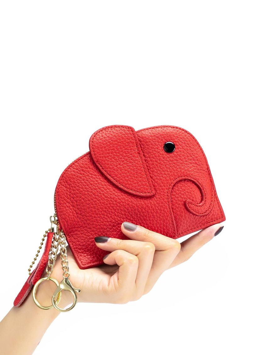 Genuine Leather Coin Purse Elephant Design Litchi Embossed Tassel Decor