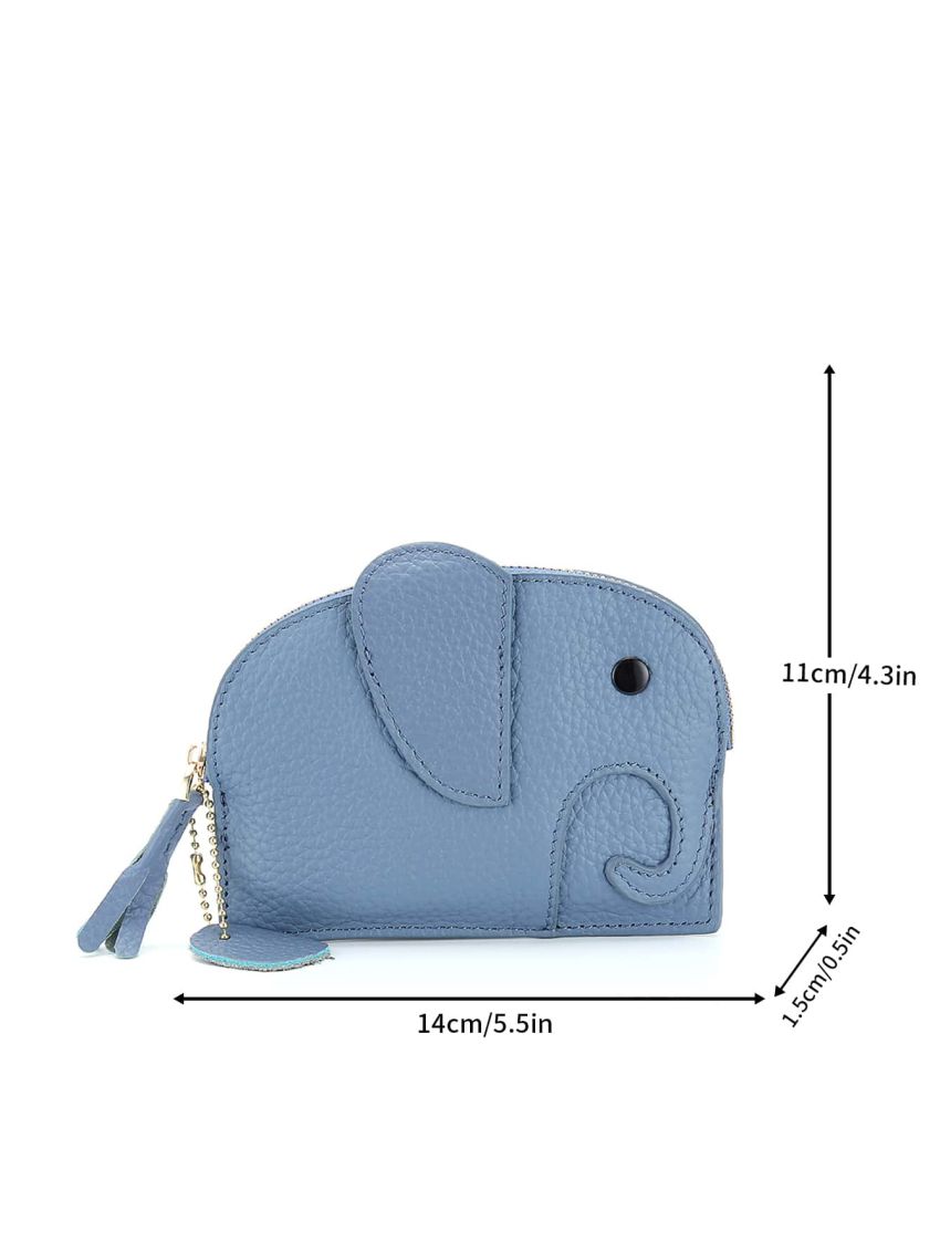 Genuine Leather Coin Purse Elephant Design Litchi Embossed Tassel Decor