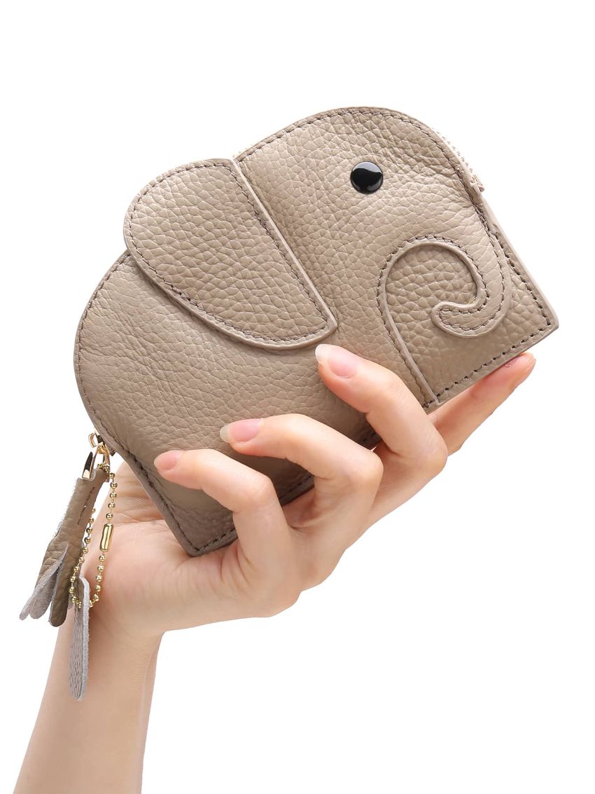 Mini Coin Purse Genuine Leather Cute Elephant Pattern Heart & Tassel Decor Zipper For Daily Decoration