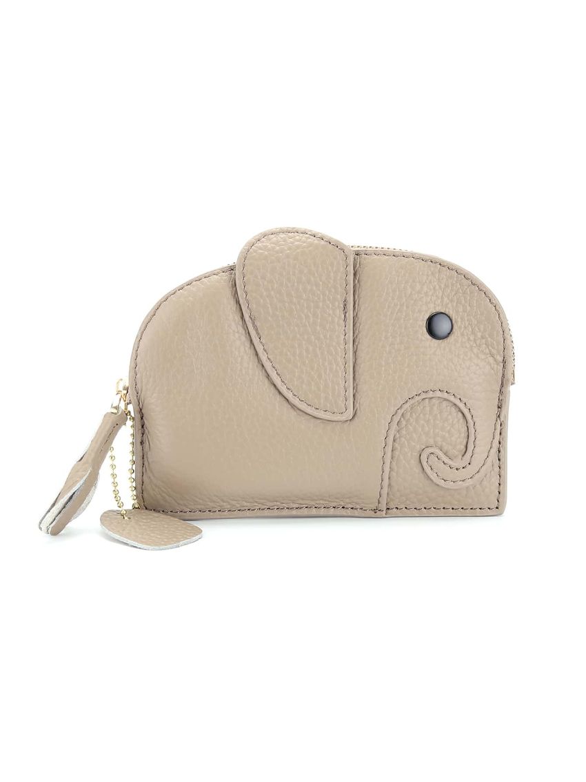 Mini Coin Purse Genuine Leather Cute Elephant Pattern Heart & Tassel Decor Zipper For Daily Decoration