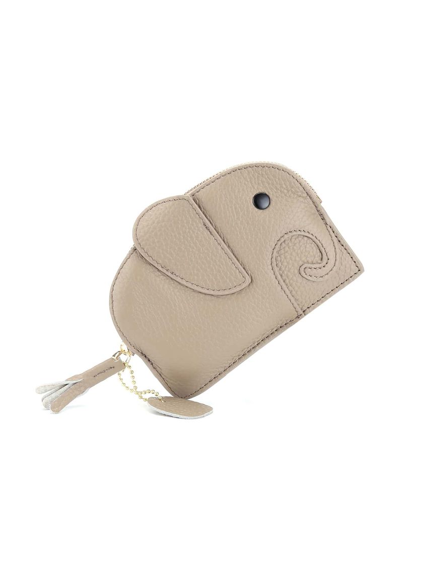 Mini Coin Purse Genuine Leather Cute Elephant Pattern Heart & Tassel Decor Zipper For Daily Decoration