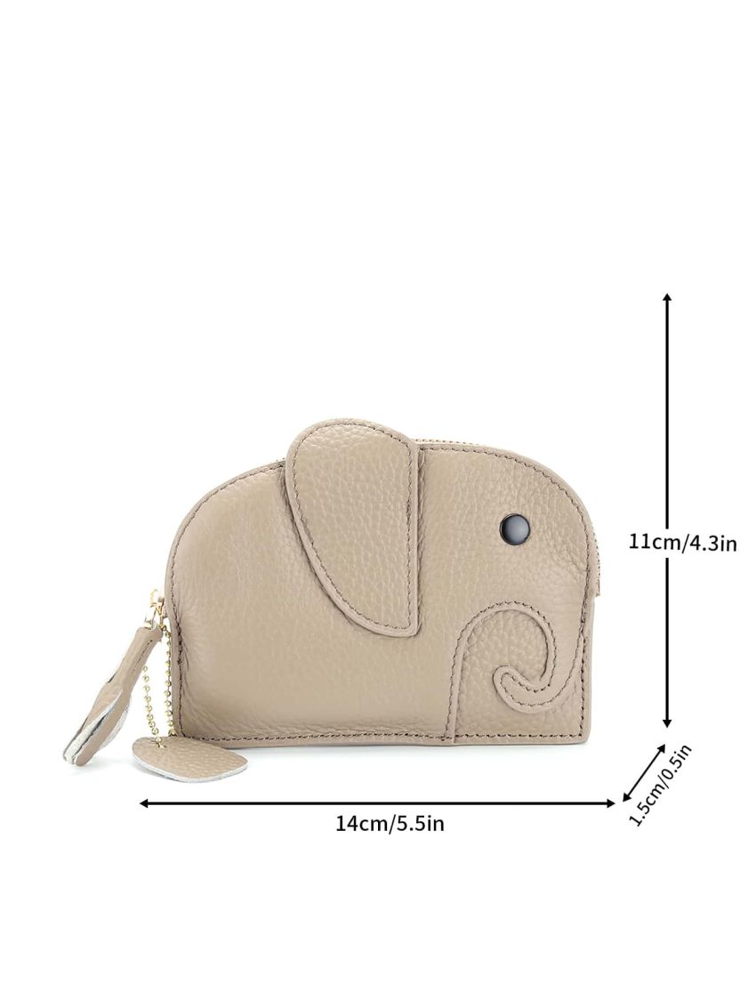 Mini Coin Purse Genuine Leather Cute Elephant Pattern Heart & Tassel Decor Zipper For Daily Decoration