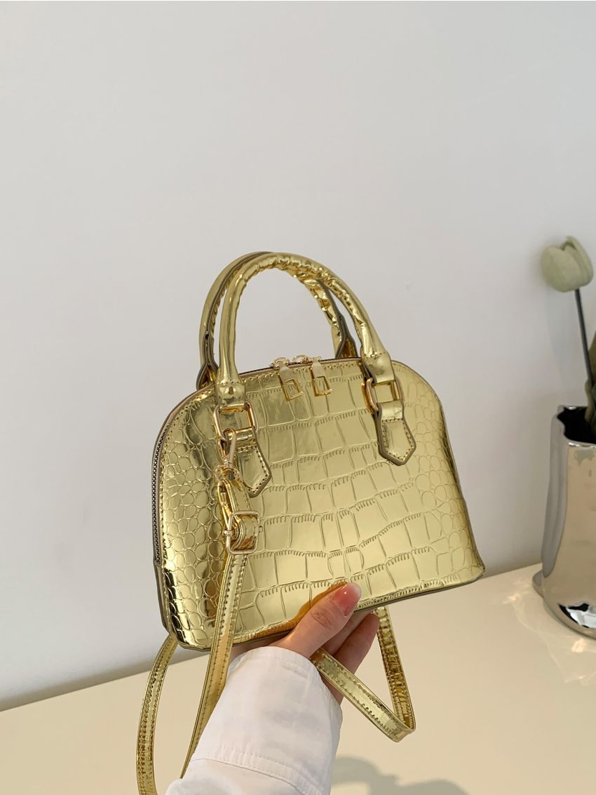 Mini Dome Bag Crocodile Print Funky Zipper With Adjustable-strap For Outdoor Travel