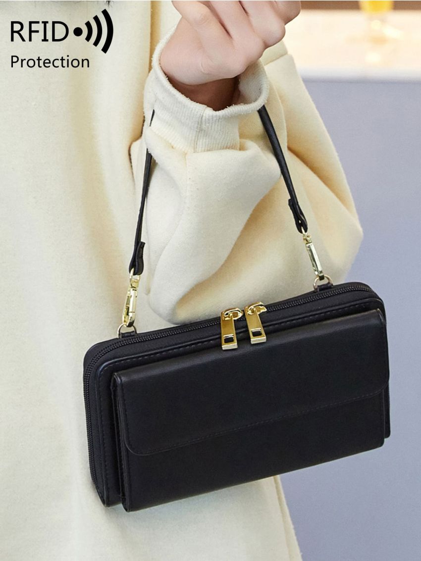 Minimalist Phone Wallet PU Zipper With Adjustable-strap RFID For Outdoor Travel