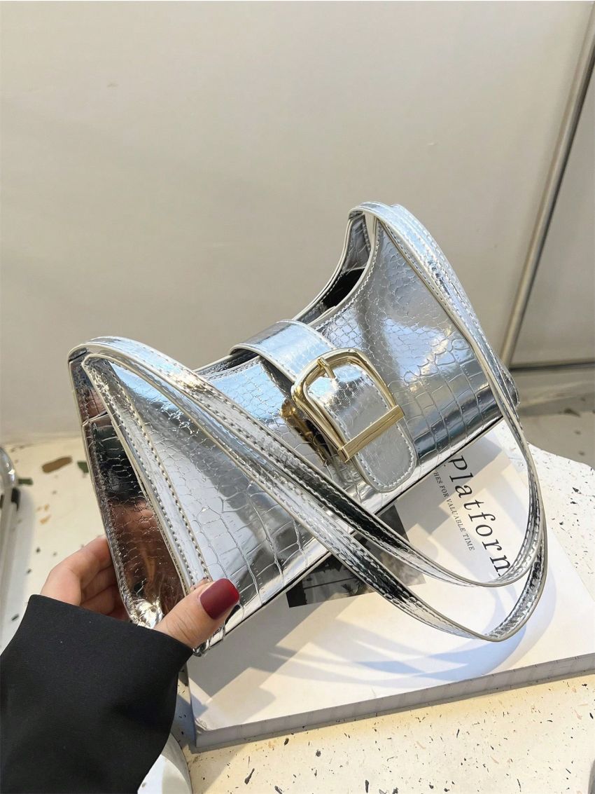 Funky Baguette Bag Crocodile Print Buckle Decor