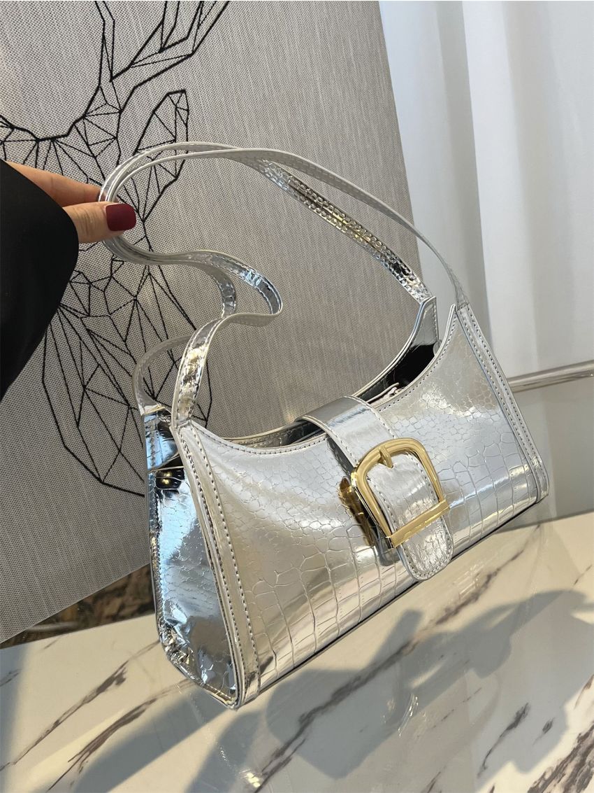 Funky Baguette Bag Crocodile Print Buckle Decor