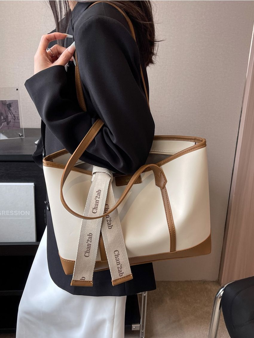 Large Tote Bag Fashionable Two Tone Twilly Scarf Decor Zipper With Double Handle For Shopping