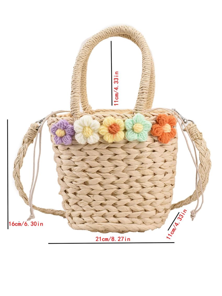Vacation Straw Bag Floral Decor Drawstring With Double Handle For Outdoor Travel