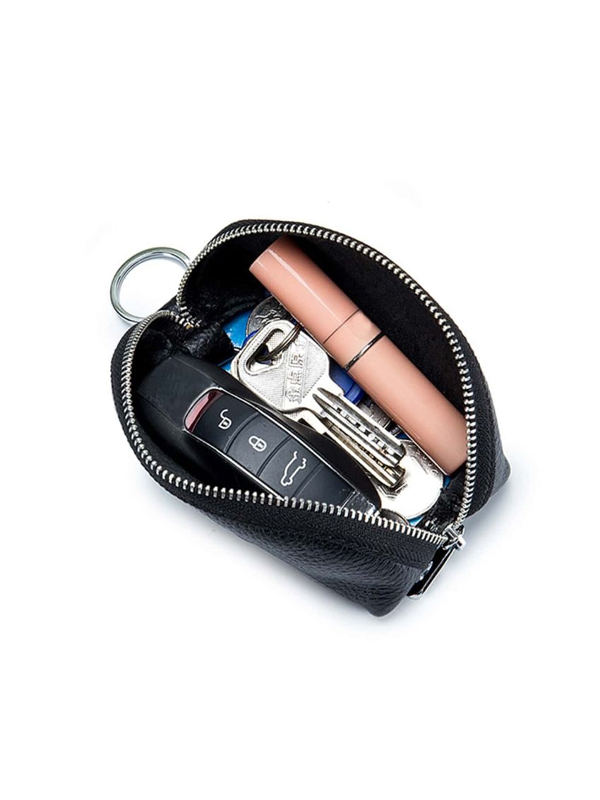 Litchi Embossed Key Case Black Fashionable Genuine Leather Car Key Wallet Small Lipstick Bag