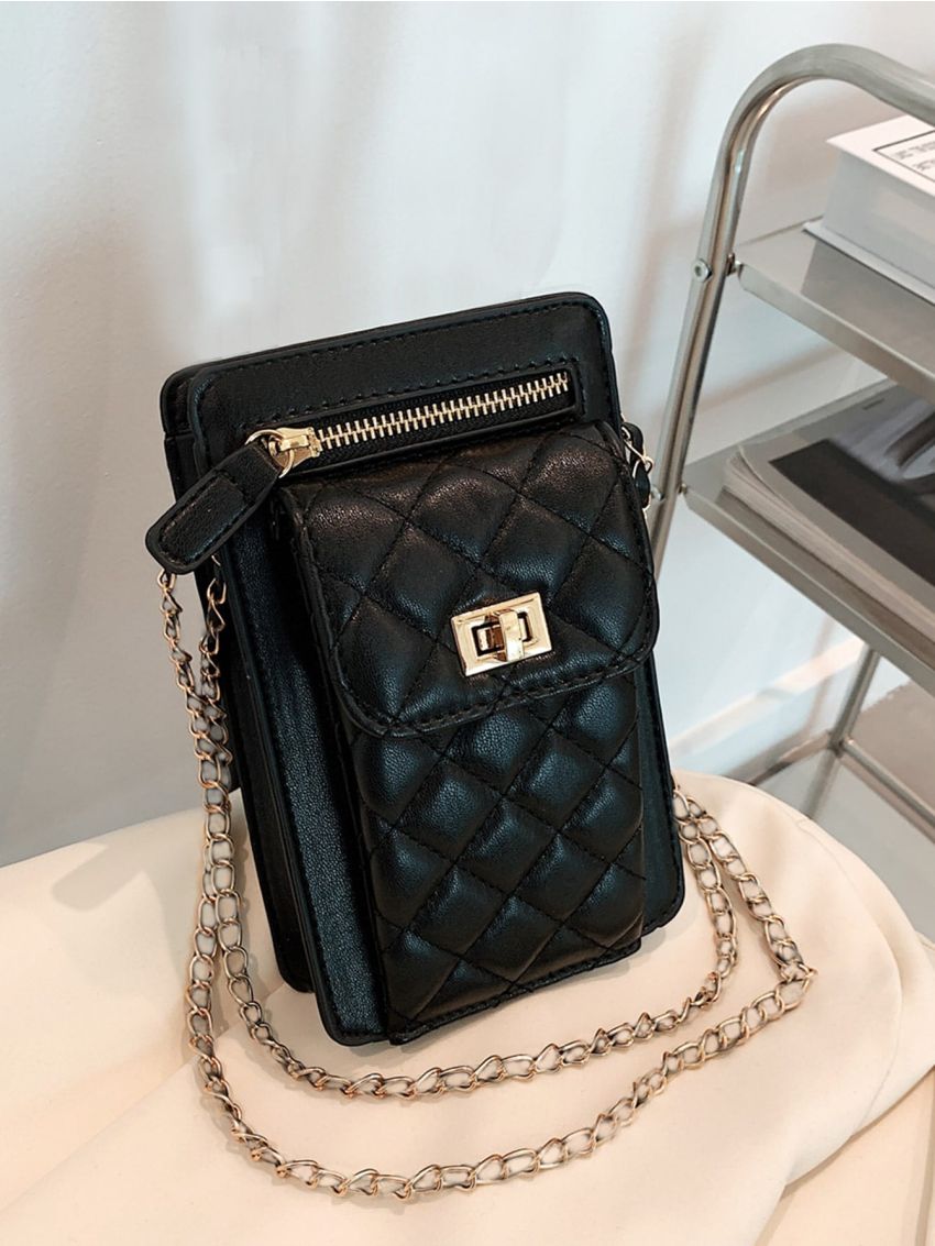 Quilted Phone Wallet Twist Lock PU Black