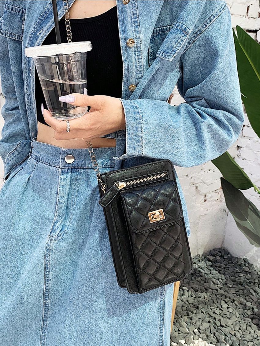 Quilted Phone Wallet Twist Lock PU Black