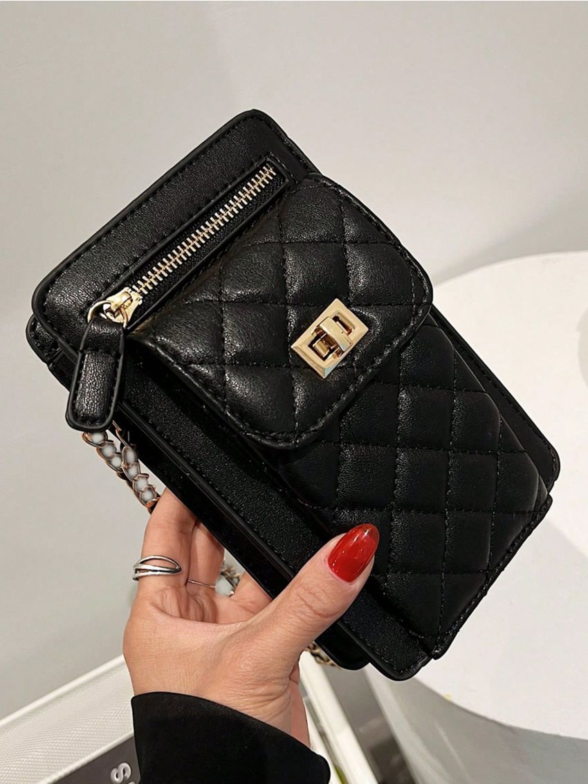 Quilted Phone Wallet Twist Lock PU Black