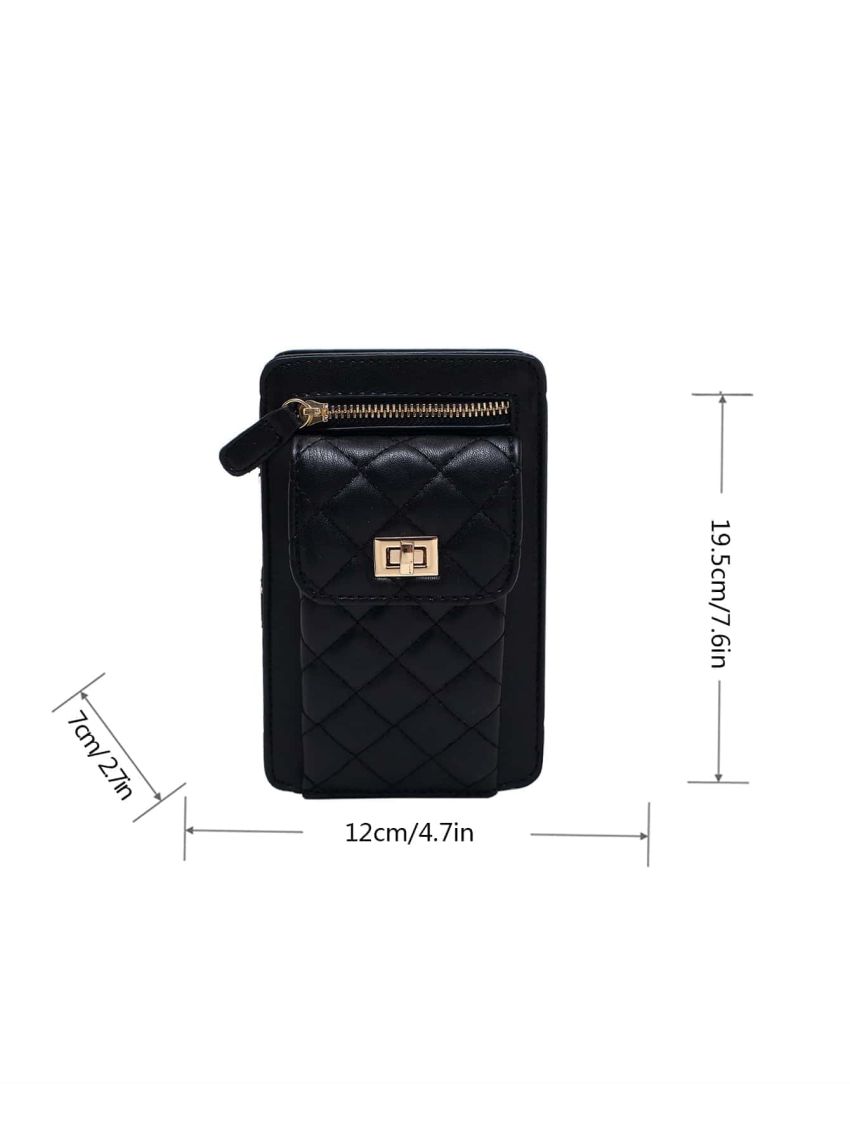 Quilted Phone Wallet Twist Lock PU Black