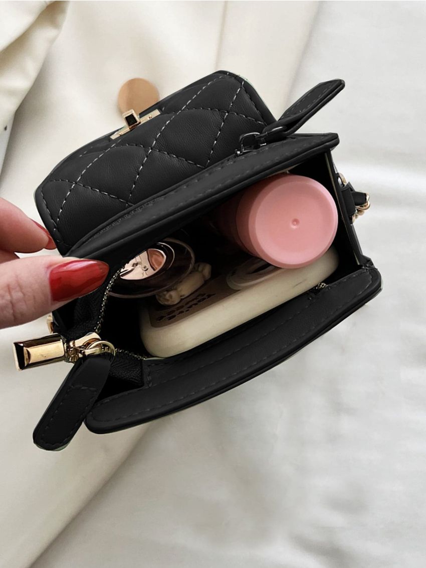 Quilted Phone Wallet Twist Lock PU Black