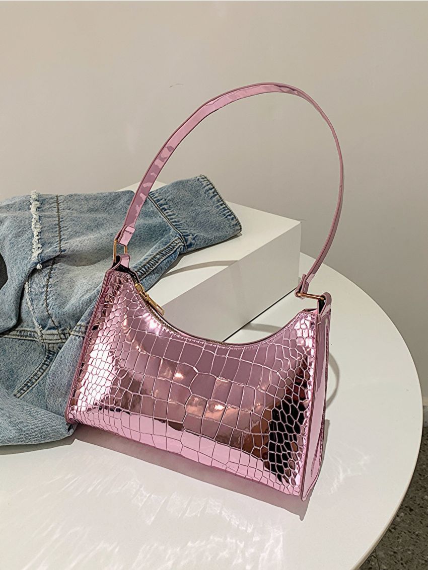 Crocodile Embossed Baguette Bag Metallic PU Funky