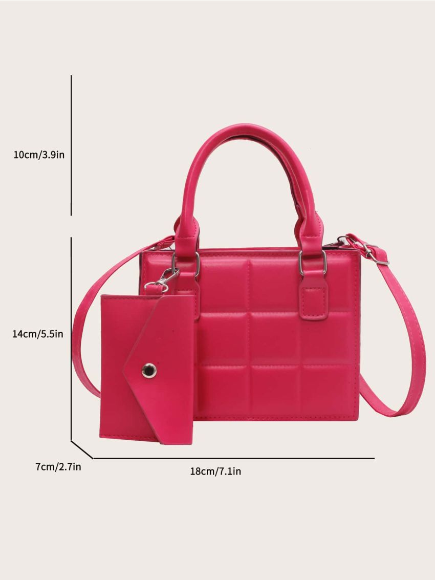 Mini Square Bag Quilted With Small Pouch PU Neon Pink Funky