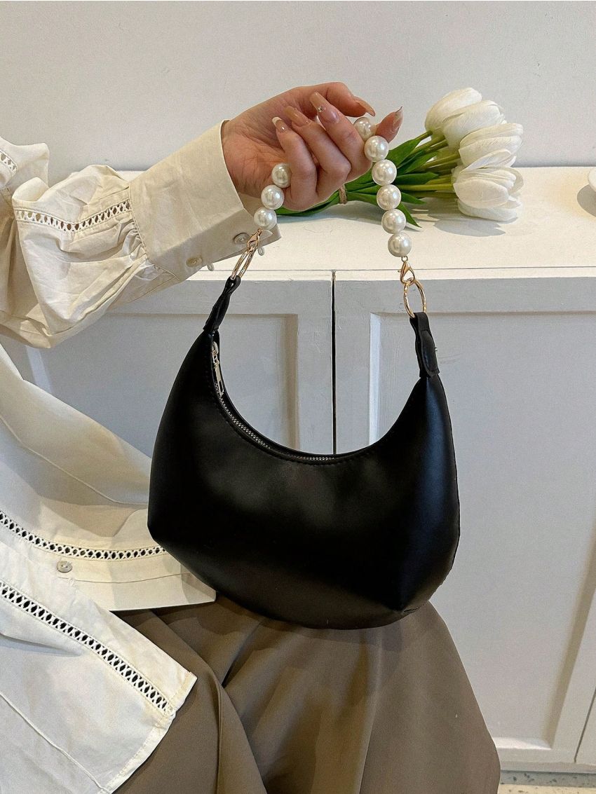 Mini Hobo Bag Faux Pearl Decor PU Black