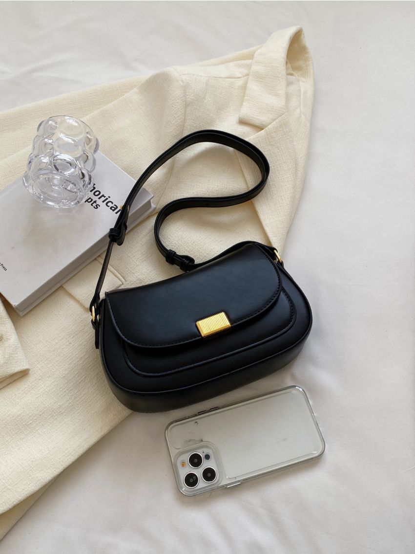 Metal Decor Saddle Bag Flap PU Black