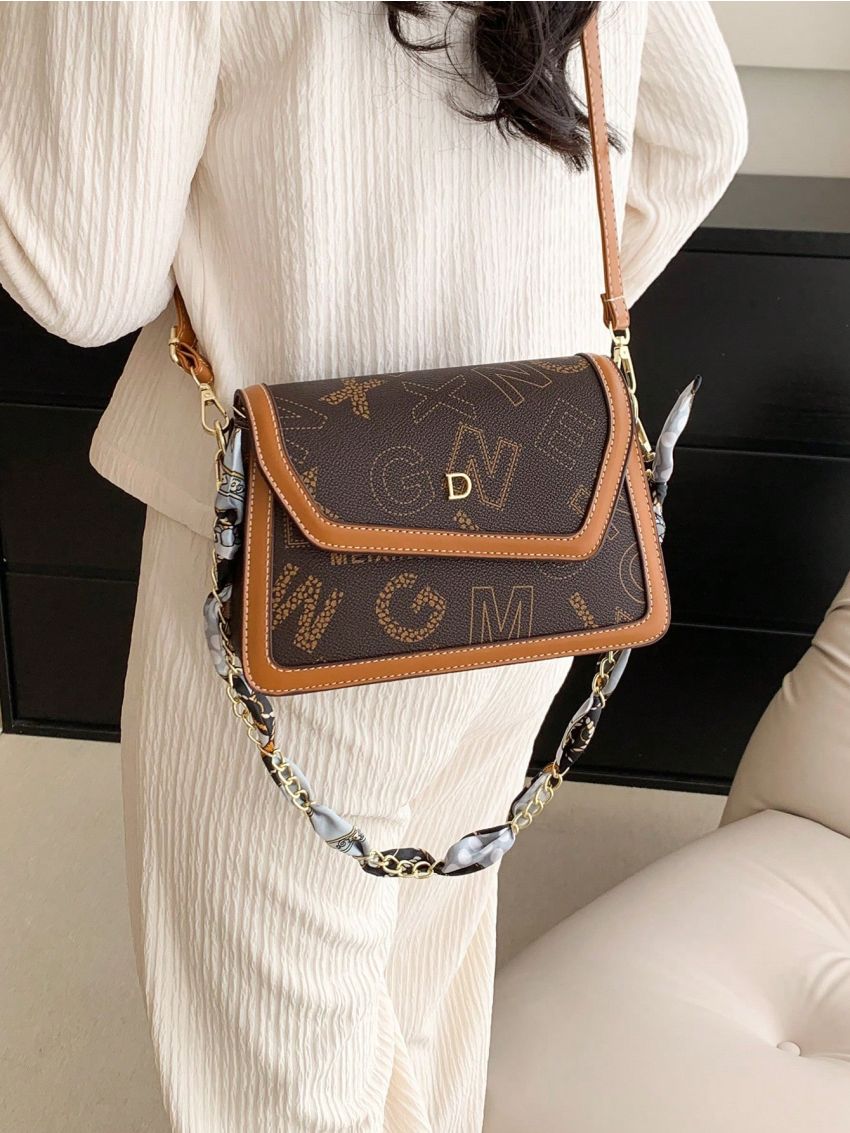 Letter Graphic Square Bag Contrast Binding Irregular Flap PU