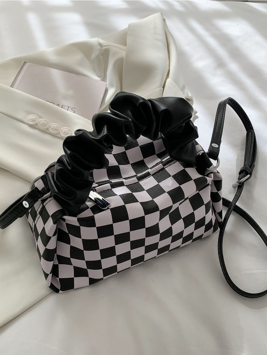 Checkered Pattern Satchel Bag Ruched Detail PU