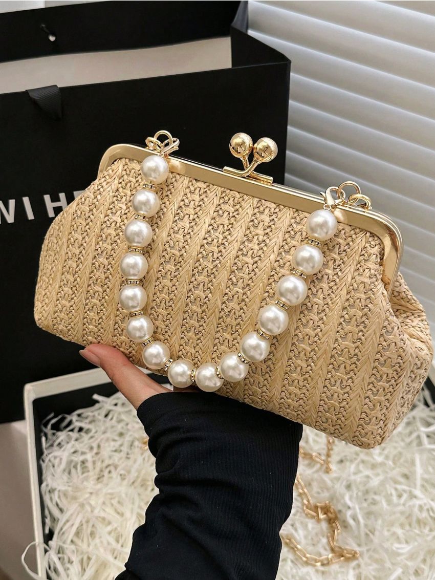 Faux Pearl Beaded Straw Bag Kiss Lock Vacation