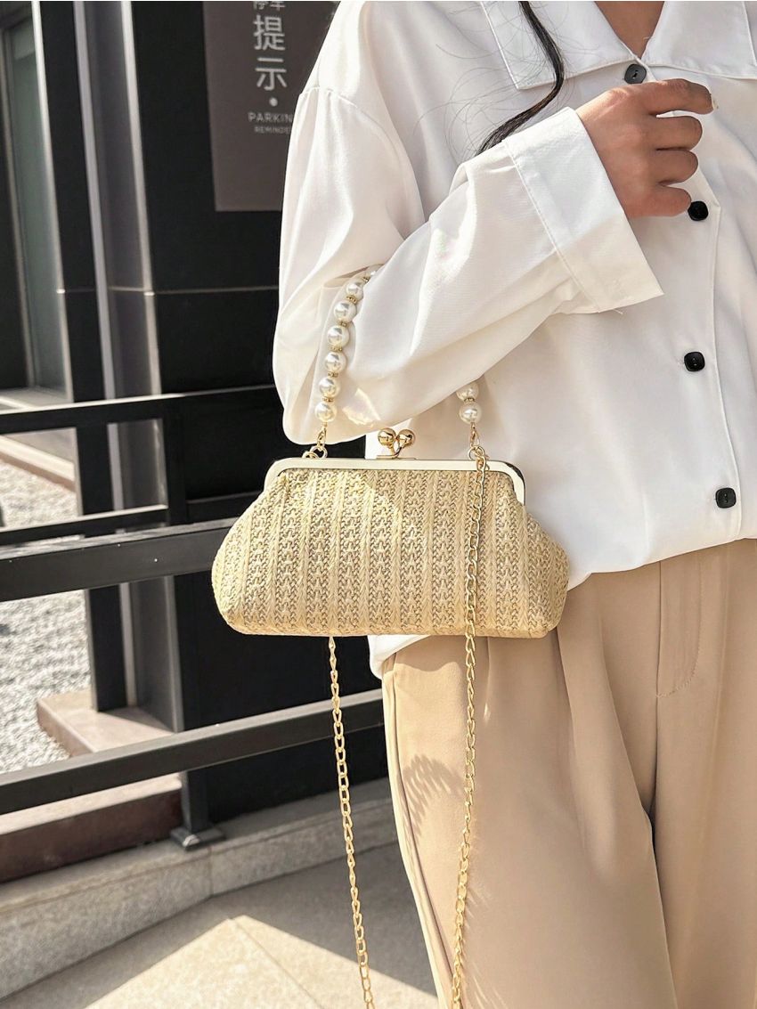 Faux Pearl Beaded Straw Bag Kiss Lock Vacation