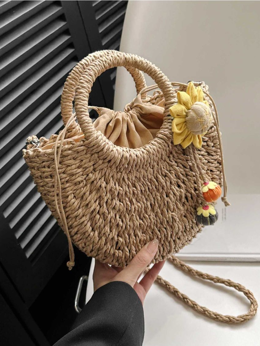 Flower Decor Straw Bag Drawstring Design Vacation