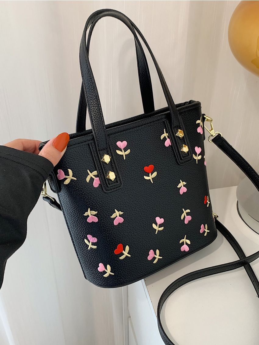 Small Square Bag Litchi Embossed Floral Graphic