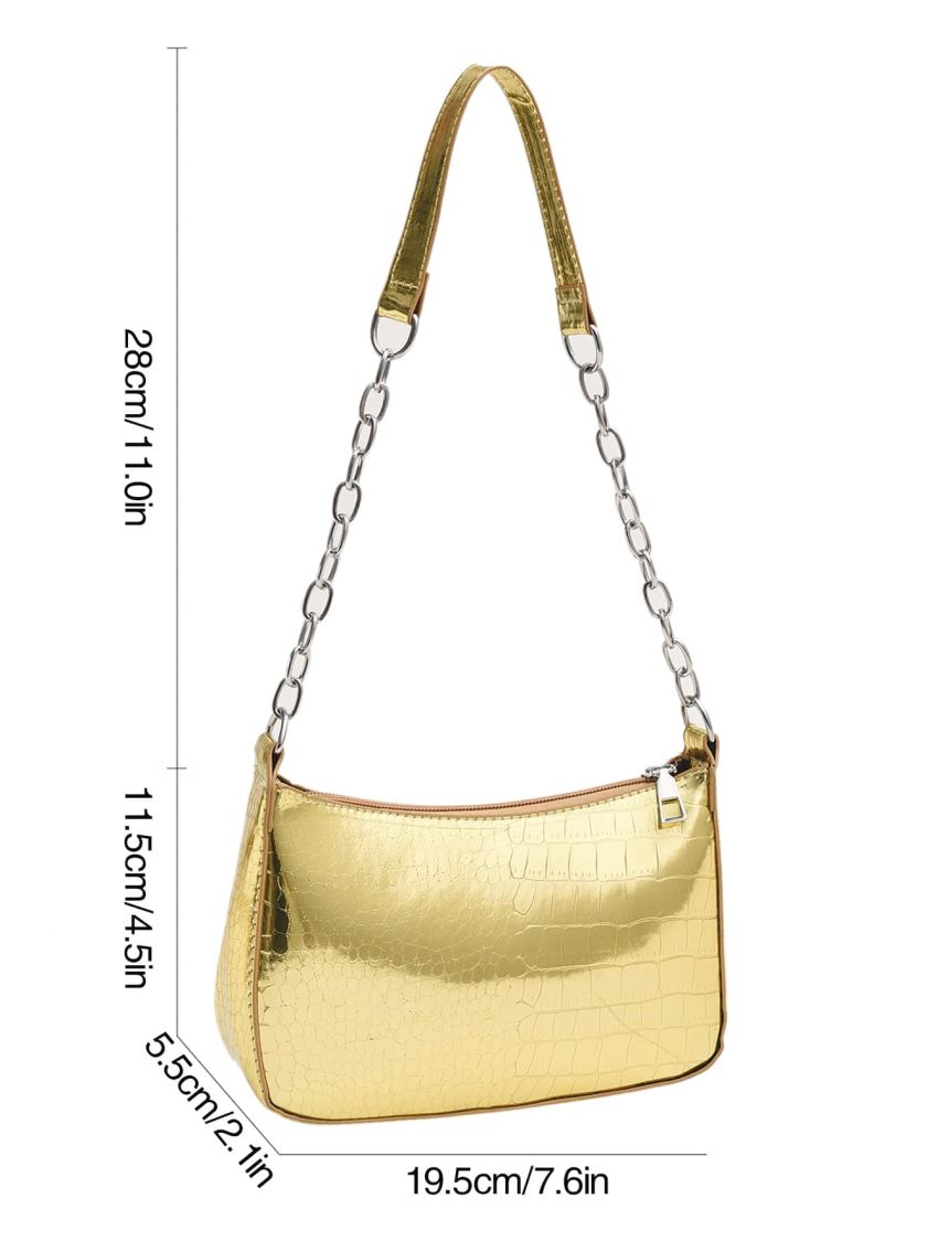 Mini Baguette Bag Crocodile Embossed Metallic PU Funky