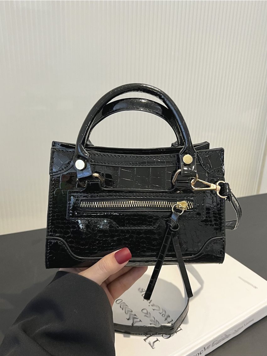 Mini Square Bag Zip Front Crocodile Embossed