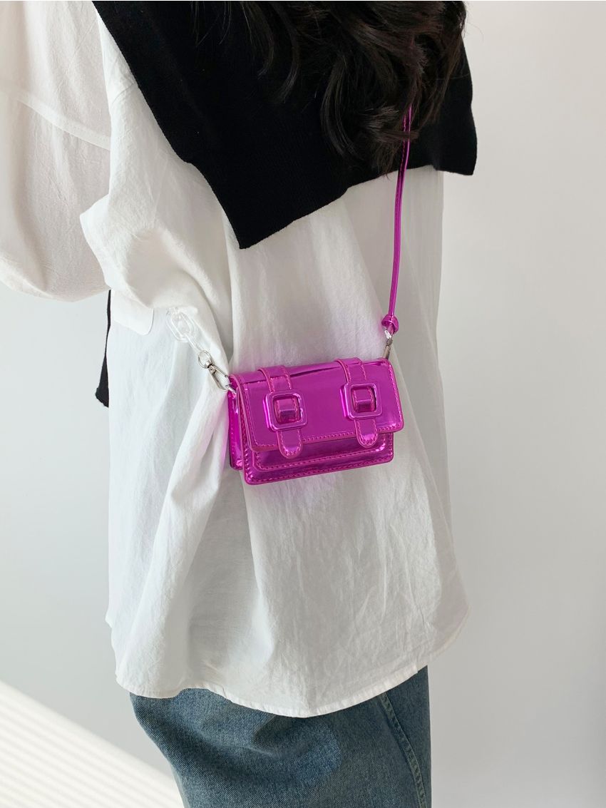 Mini Messenger Bag Buckle Decor Neon Purple PU