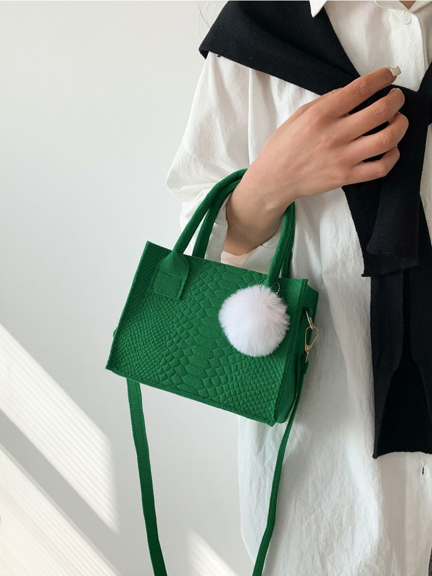 Mini Square Bag Crocodile Embossed Pom Pom Decor