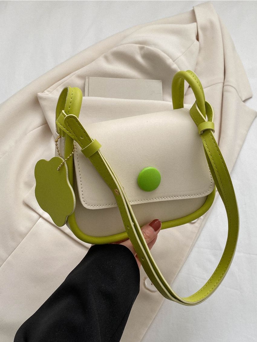 Button Decor Flap Square Bag Contrast Binding With Flower Bag Charm