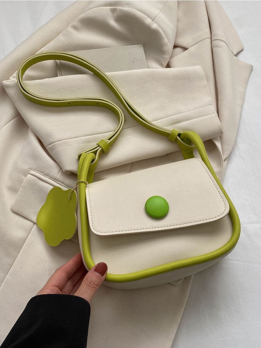 Button Decor Flap Square Bag Contrast Binding With Flower Bag Charm