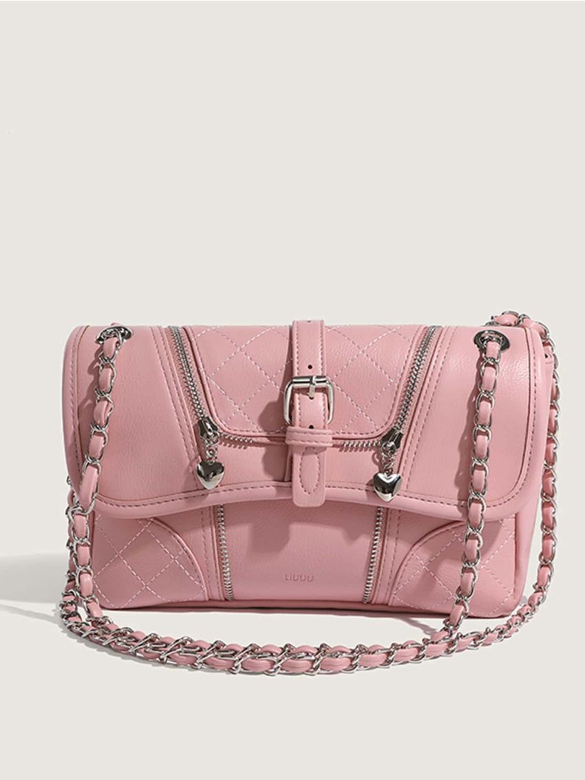 Flap Square Bag Buckle Decor Stitch Detail