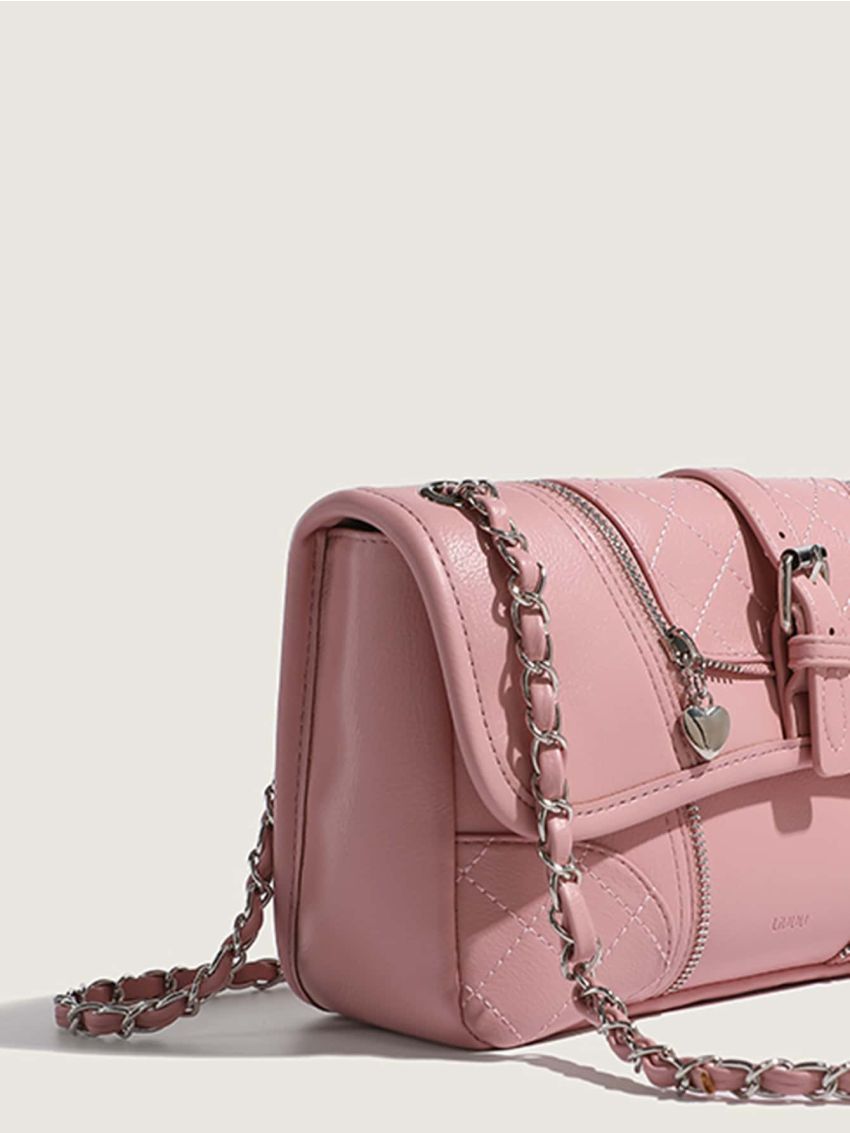 Flap Square Bag Buckle Decor Stitch Detail