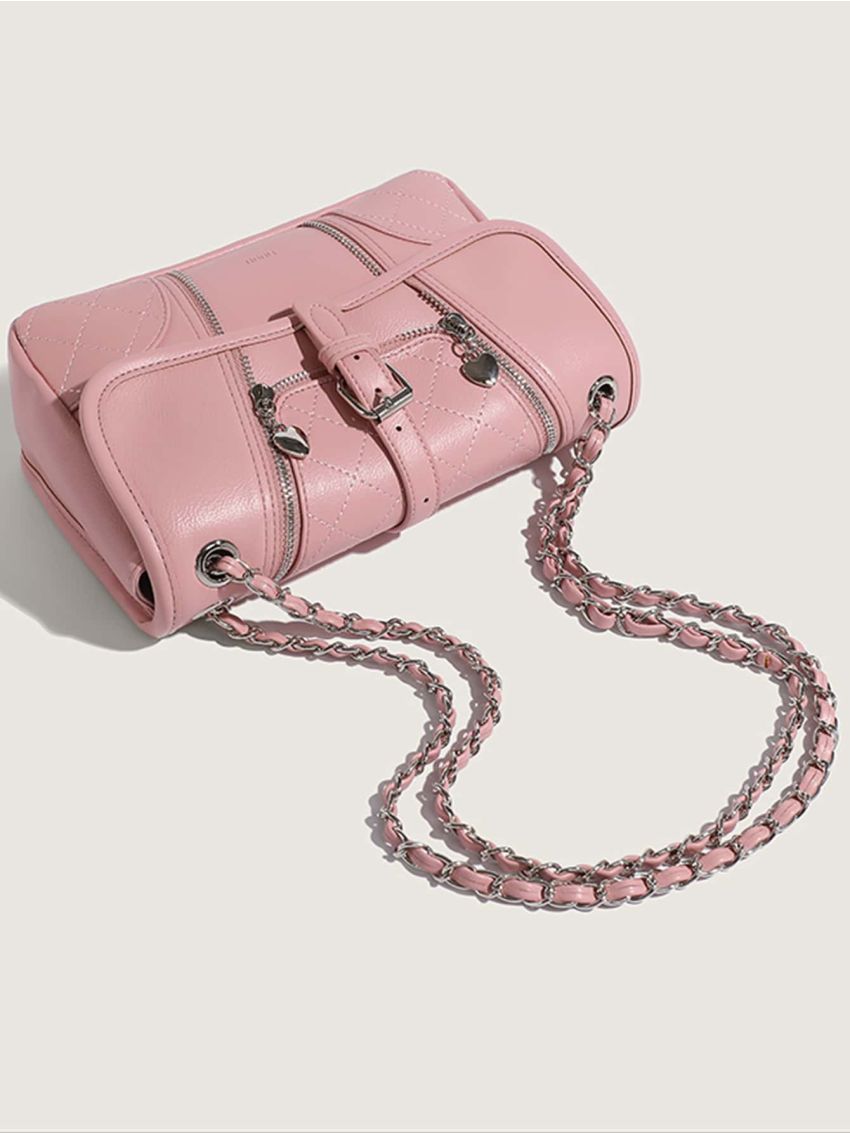 Flap Square Bag Buckle Decor Stitch Detail