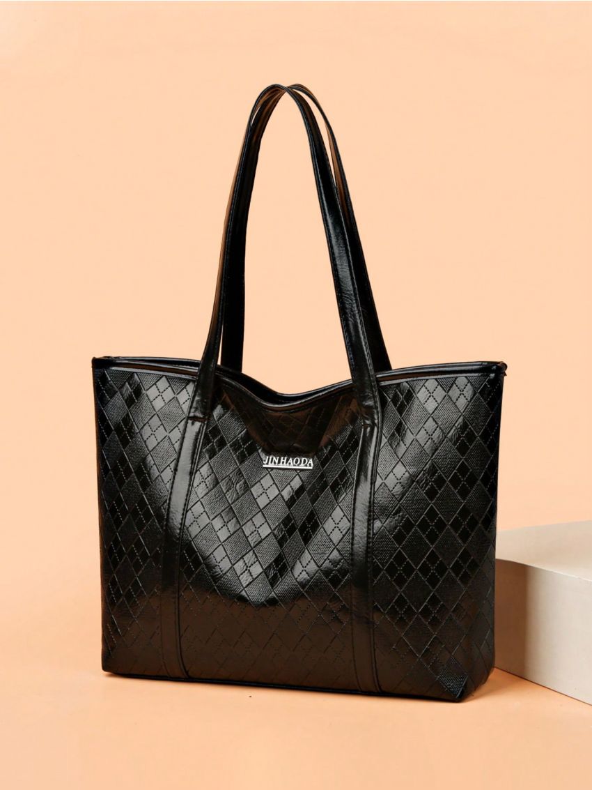 Large Shoulder Tote Bag Geometric Embossed Letter Decor