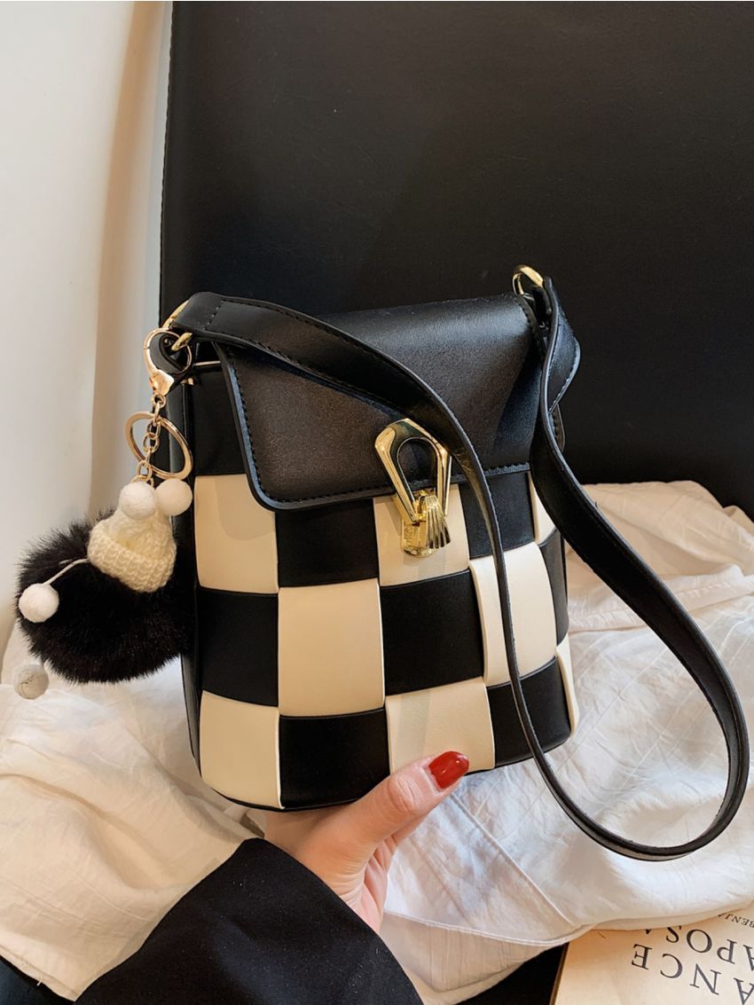 Mini Bucket Bag Flap With Pompom Bag Charm PU Fashionable