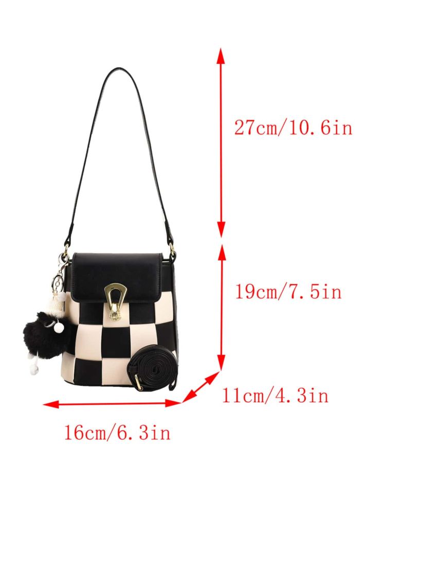 Mini Bucket Bag Flap With Pompom Bag Charm PU Fashionable