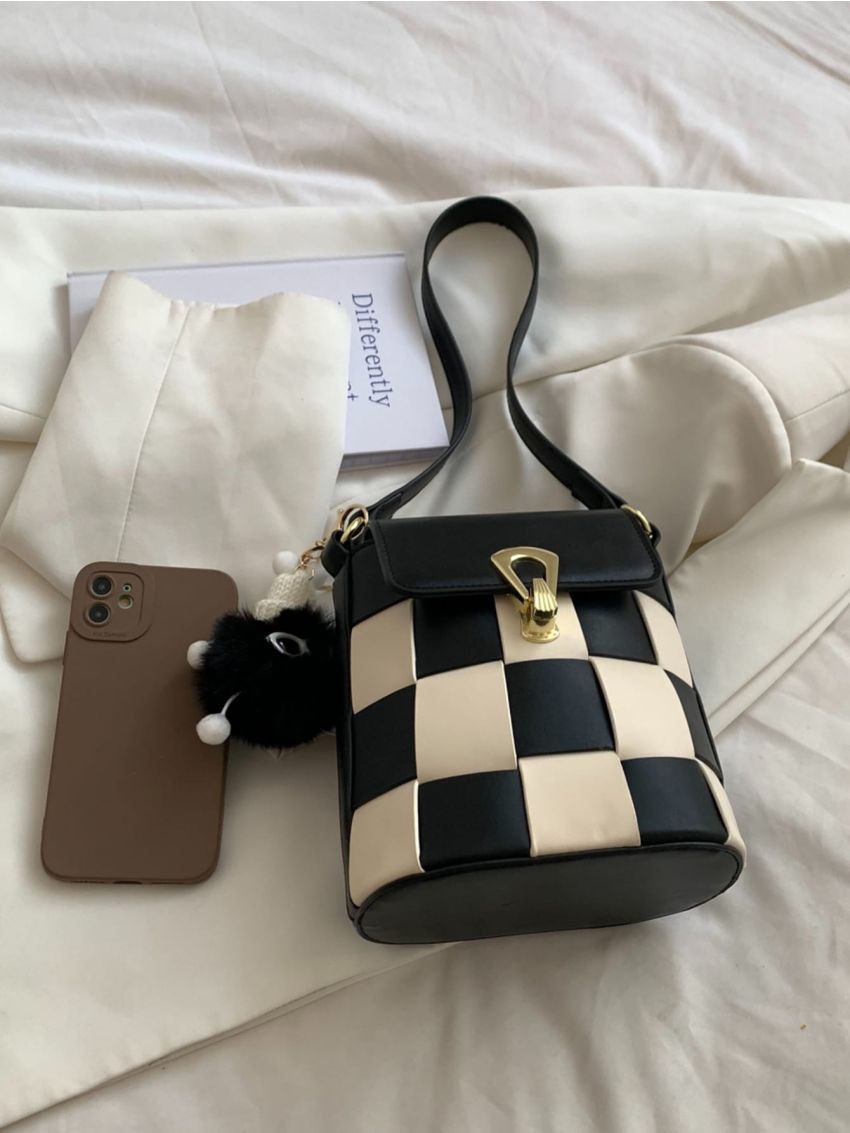 Mini Bucket Bag Flap With Pompom Bag Charm PU Fashionable