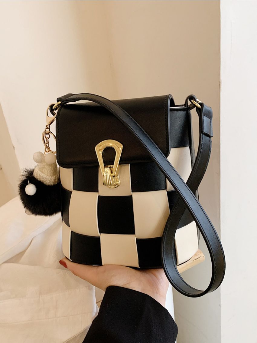 Mini Bucket Bag Flap With Pompom Bag Charm PU Fashionable