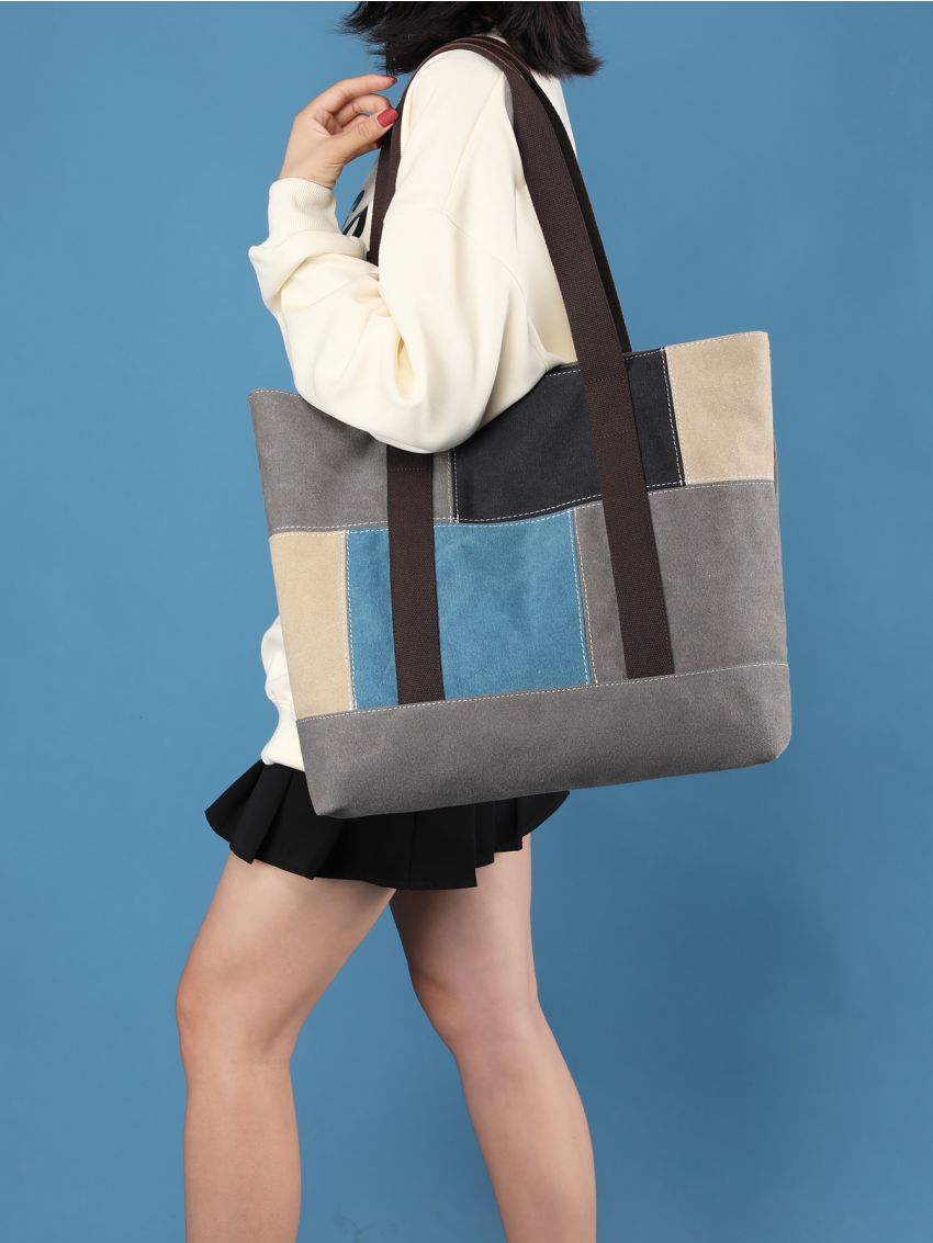 Color Block Shopper Bag Double Handle With Zipper Polyester