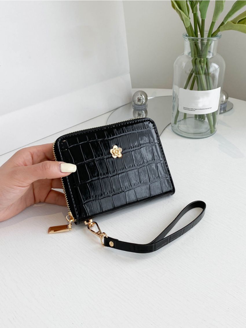 Crocodile Embossed Card Holder Flower Decor PU Black