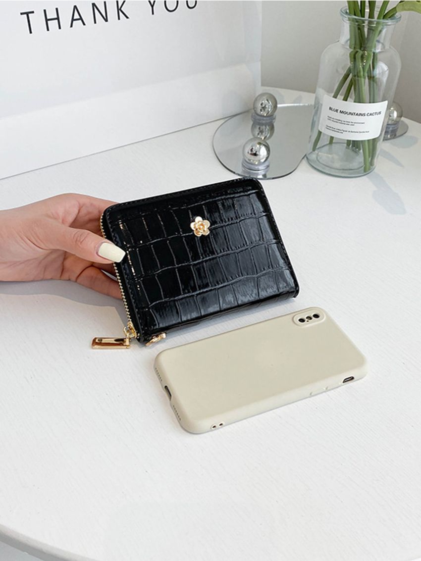 Crocodile Embossed Card Holder Flower Decor PU Black