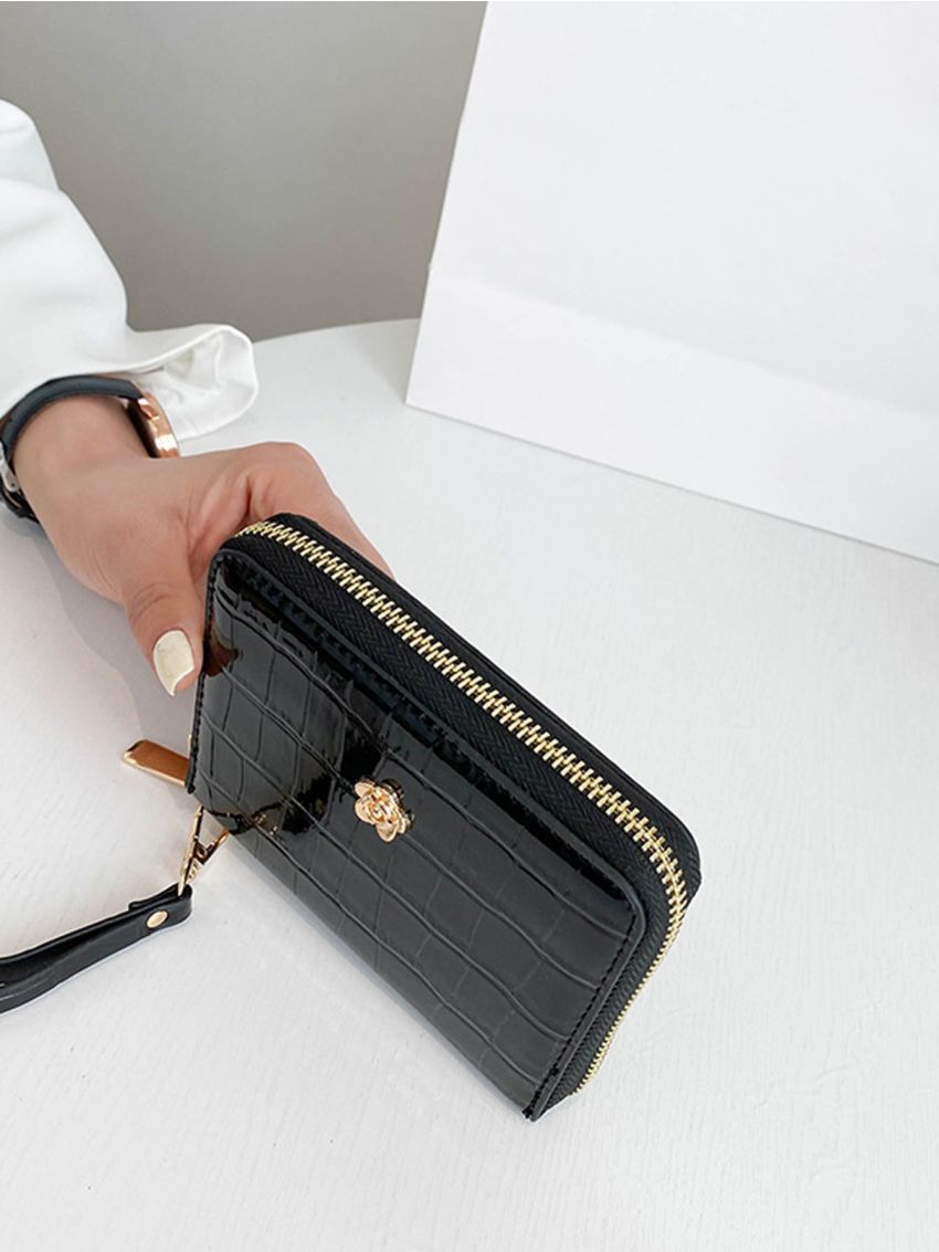 Crocodile Embossed Card Holder Flower Decor PU Black