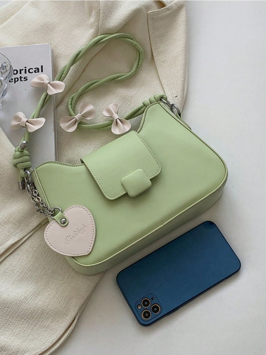 Bow Decor Square Bag Heart Decor Flap PU Fashionable