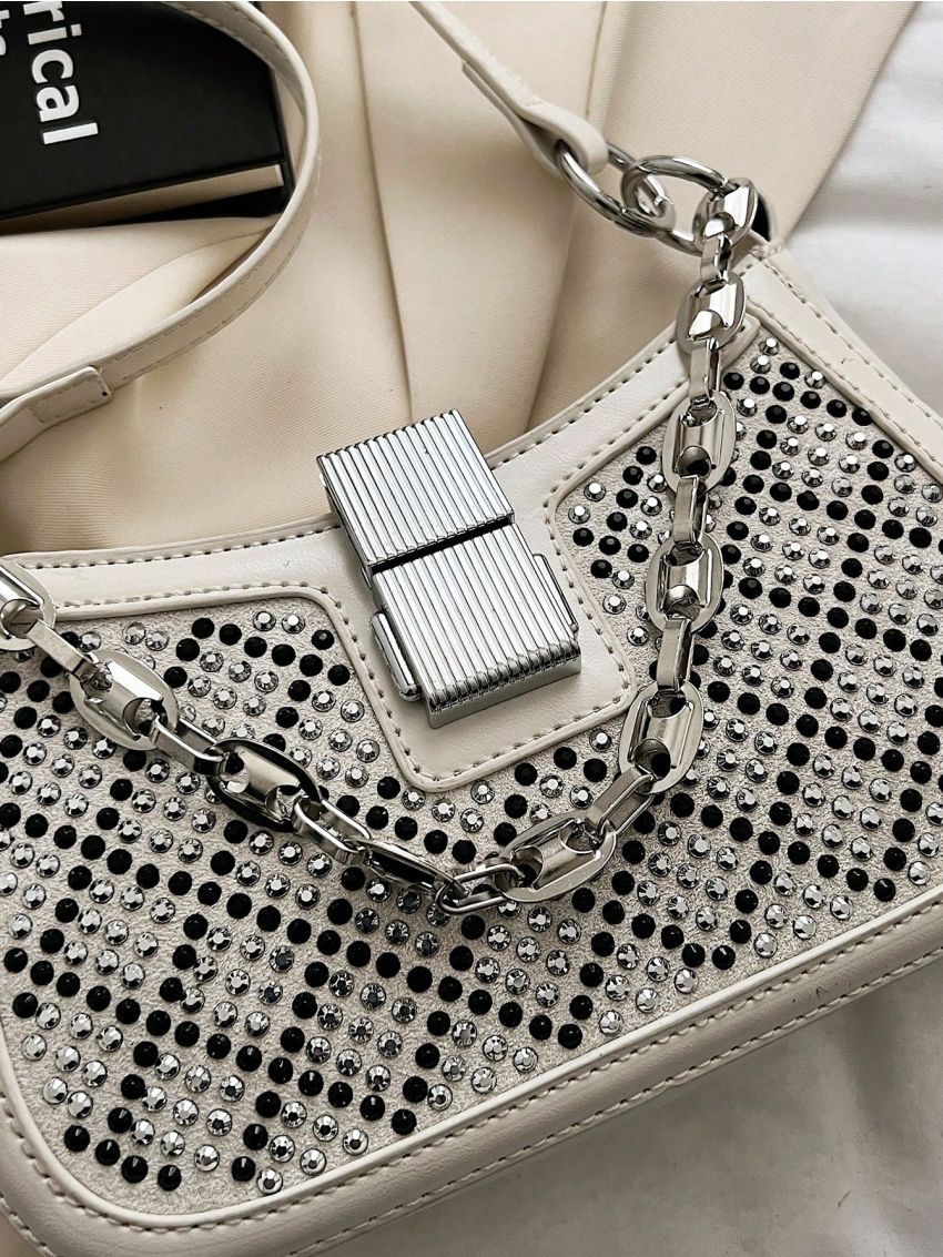 Small Crossbody Bag Chain & Rhinestone Decor Colorblock
