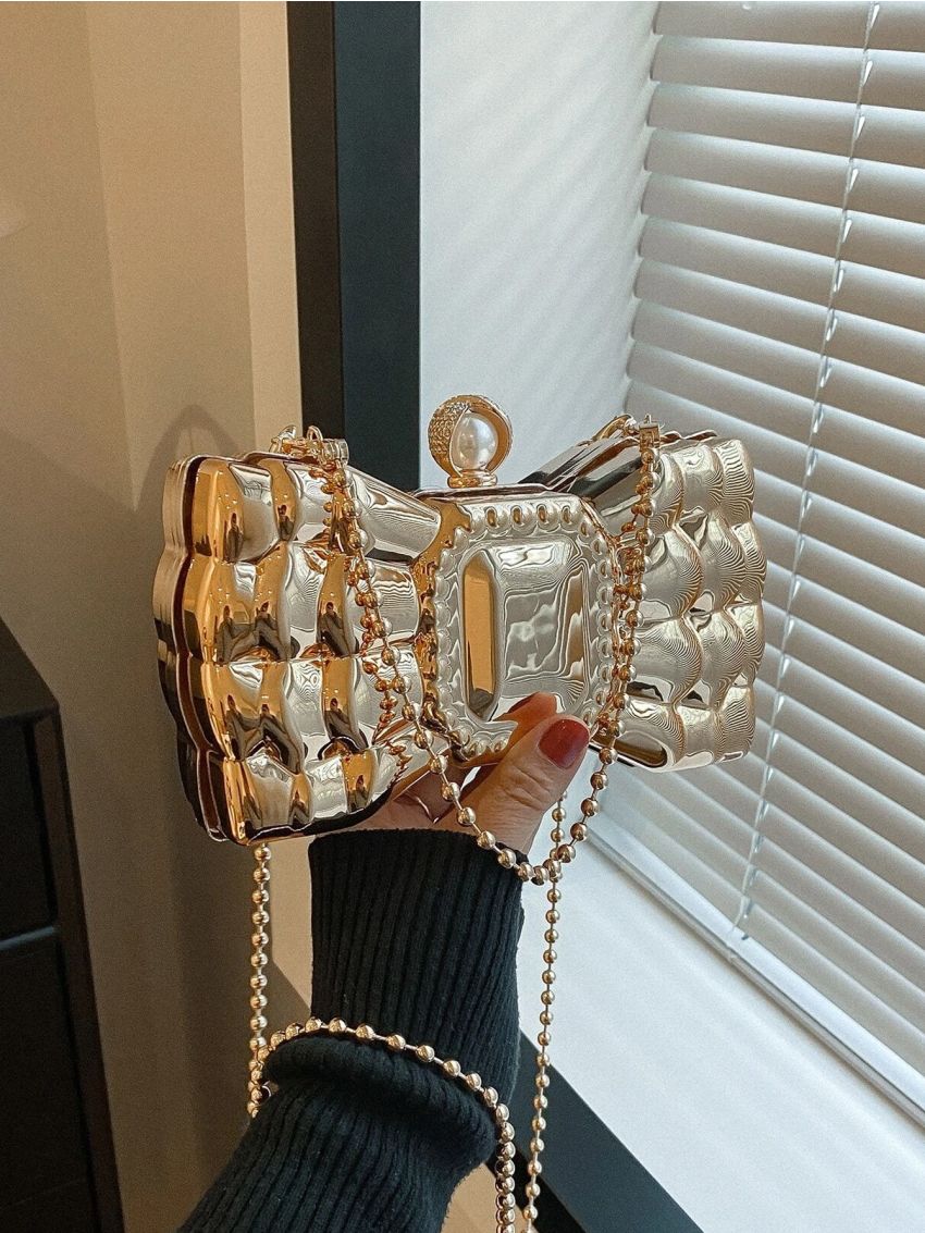 Mini Box Bag Metallic Bow Design Pearl Decor