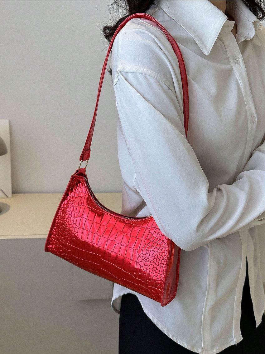 Crocodile Embossed Baguette Bag Metallic PU Funky